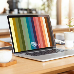 close up minimalist shot of generic laptop computer and working accessories resting on wooden table against blurred background of cafeteria. workplace of unknown freelancer. selective focus