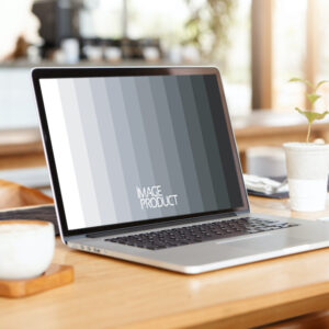 close up minimalist shot of generic laptop computer and working accessories resting on wooden table against blurred background of cafeteria. workplace of unknown freelancer. selective focus
