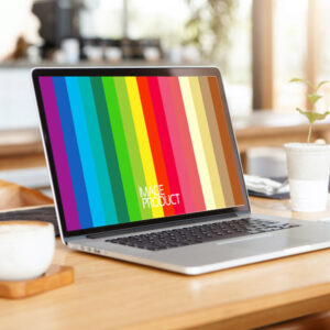 close up minimalist shot of generic laptop computer and working accessories resting on wooden table against blurred background of cafeteria. workplace of unknown freelancer. selective focus