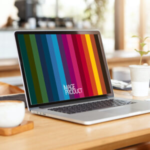 close up minimalist shot of generic laptop computer and working accessories resting on wooden table against blurred background of cafeteria. workplace of unknown freelancer. selective focus